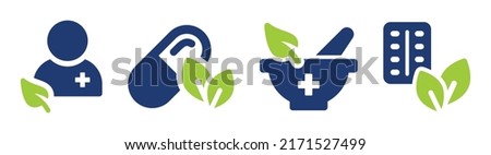 Natural medicine with leaf icon vector set. Herbalism and naturopathy remedy symbol illustration. Royalty-Free Stock Photo #2171527499