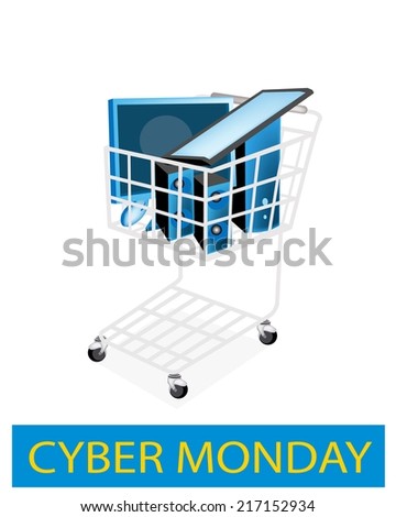 Cyber Monday Shopping Cart Full with Desktop Computer or Desktop PC for Black Friday Shopping Season and Biggest Discount Promotion in A Year. 