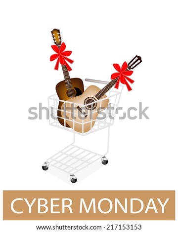 A Shopping Cart Full with Classical Guitar and Acoustic Guitar for Cyber Monday Shopping Season and Biggest Discount Promotion in A Year. 