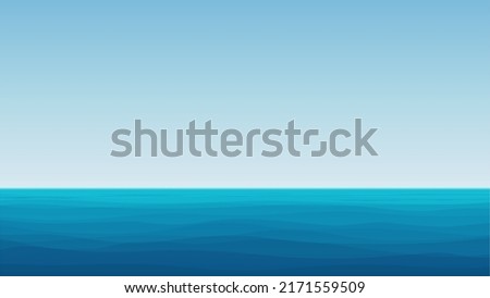 Sea or ocean coastline scenery, panoramic sunny landscape vector illustration. Blue line of waves in water, clear sky for outdoor vacation relax and journey, seascape scenery, coast view background Royalty-Free Stock Photo #2171559509