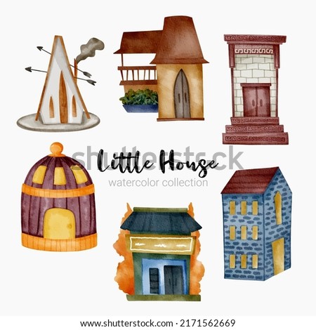 Fairy tale houses. Fantasy forest cabin. Imagination village. Magical landscape elements. Cottages of fictional characters. Vector creative homes set 