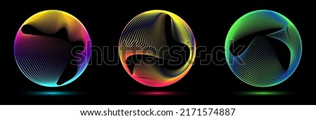Set of glowing neon color circles round curve shape with wavy dynamic lines isolated on black background technology concept. Circular light frame border. You can use for badges, price tag, label Royalty-Free Stock Photo #2171574887