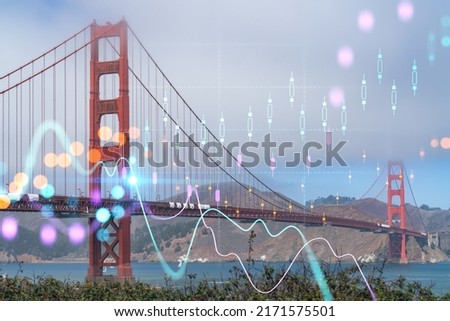 Iconic view of the Golden Gate Bridge from South side, day time, San Francisco, California, United States. Forex graph, charts hologram. Concept of internet trading, brokerage, fundamental analysis