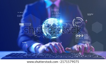 Metaverse technology and business presentation AI chatbot businessman working global meeting online internet hologram presentation for finance investment data GDP world's future technology solution Royalty-Free Stock Photo #2171579075
