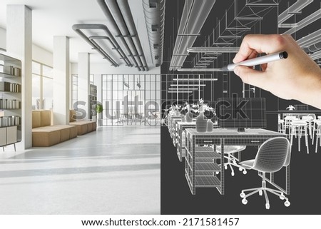 Design project development with 3D visualization of sunny industrial open space office with sofa on concrete floor and lattice glass walls and man hand making sketch of workspaces and bicycle Royalty-Free Stock Photo #2171581457