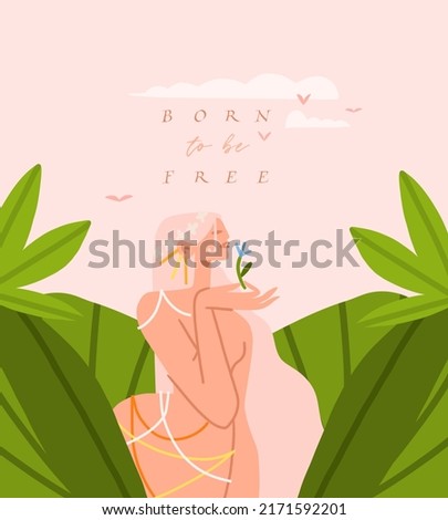 Hand drawn vector abstract modern graphic,clip art illustration of young boho female character in tropical nature with abstract shapes,leaves,flowers.Modern woman design.Feminine nature concept.