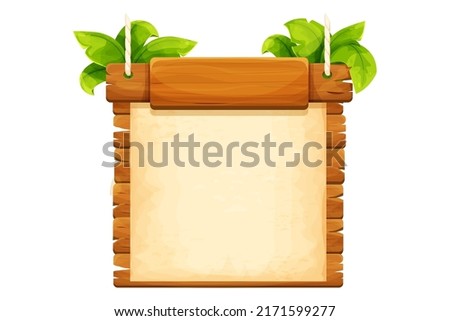 Jungle frame with wooden planks, old paper, rope, decorated plants and leaves in comic cartoon style isolated on white background. Tribal, rural clip art. Ui game asset.