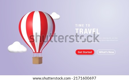 Time to travel landing page concept, realistic 3d hot air balloon flying with clouds. Vector illustration