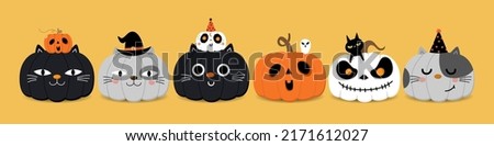 Happy halloween greeting card with pumpkin in cat and ghost costume. Holidays cartoon character. -Vector