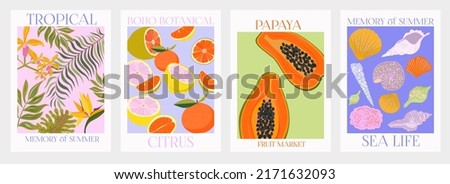 Collection of interior modern posters with summer scene. Tropical plant and exotic fruit, marine life. Editable Vector Illustration.