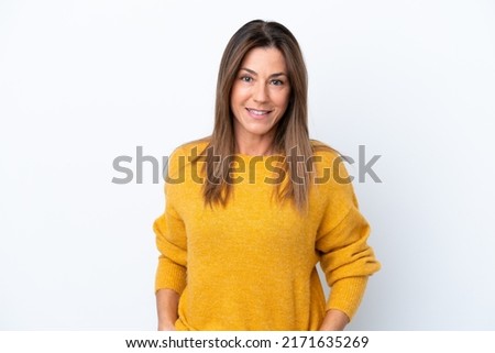 Middle age caucasian woman isolated on white background laughing