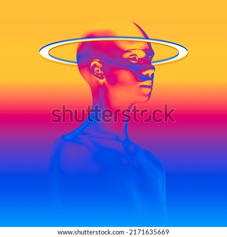 Abstract illustration from 3D rendering of female bust figure with white halo light ring isolated on background in vaporwave style color palette gradient.