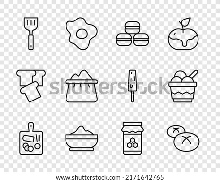 Set line Cutting board, Bread loaf, Macaron cookie, Flour bowl, Spatula, Bag of flour, Jar honey and Ice cream icon. Vector