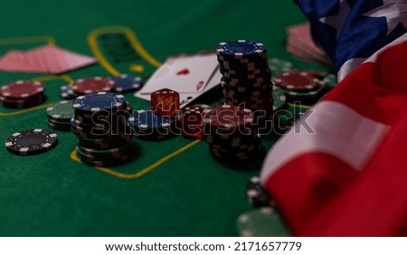 poker chips, usa flag on blackjack table