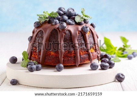 Homemade marble fluted cake with chocolate icing, blueberries, fresh mint and a knife on a stand. Concept of homemade baking recipes.