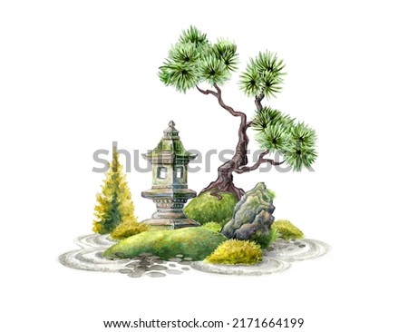 watercolor illustration of stone lantern under the bonsai tree. Zen garden decor. Spiritual nature clip art, landscape design, isolated on white background