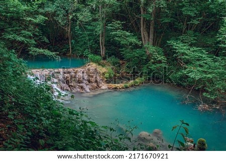 Beautiful mountain stream in the thick forest during summer, natural source of turquoise blue water. Concept of protected and untouched nature.
