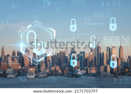 New York City skyline from New Jersey over Hudson River, Midtown Manhattan skyscrapers at sunset, USA. The concept of cyber security to protect confidential information, padlock hologram