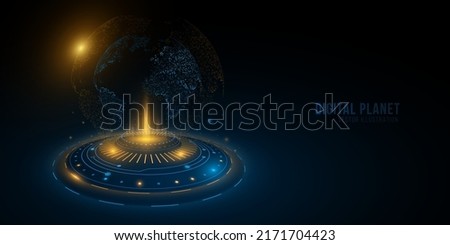 Digital world globe with HUD round. Earth map hologram. Futuristic planet with light effects. Global network. Technological science cover. Vector illustration. EPS 10