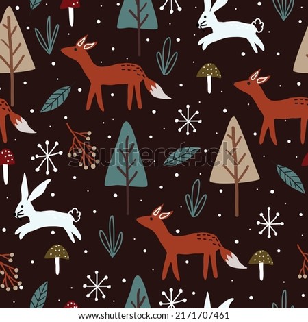 Seamless Christmas patterns with Christmas trees, foxes, rabbits, mushrooms, snowflakes, blades of grass, berries and snow.