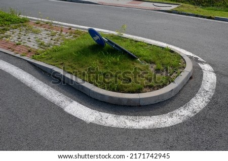 sidewalk of concrete cubes at a crossing overgrown with weed flowers. neighborhood without regular maintenance. sidewalks difficult to pass need to mow with a lawn mower.