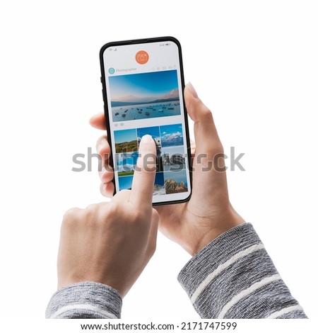 Woman holding her smartphone and sharing pictures online in her photo gallery, POV shot On white background
