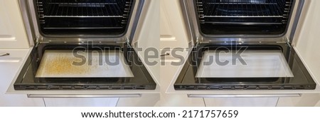 Dirty and clean oven, before and after cleaning and washing the stove glass. Washed grease on the oven window door, collage Royalty-Free Stock Photo #2171757659