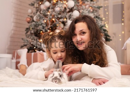 little girl with long hair in a sweater with her mother near the Christmas tree with a rabbit in christmas at home