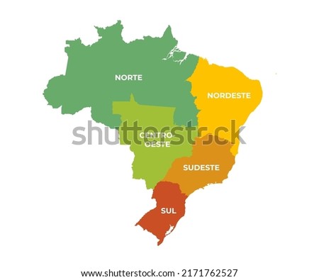 Brazilian geographic map divided by region - north, northeast, midwest, southeast and south in green, yellow, orange and red colors - simple vector illustration Royalty-Free Stock Photo #2171762527