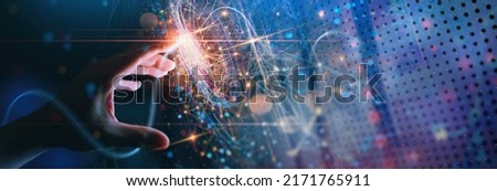 Woman hand touching The metaverse universe data science,Digital transformation conceptual for next generation technology era.data science