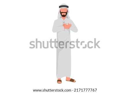 Business flat drawing Arabian businessman with pleased expression keeps hands on chest, impressed by good words of gratitude. Man expresses love, thankful feelings. Cartoon design vector illustration
