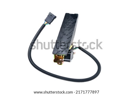 car electronic gas pedal, truck accelerator pedal, electronic gas pedal with connection wire, selective focus, white background, close-up