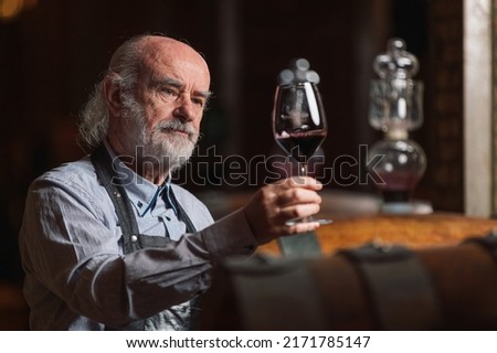 Senior man winemaker at winery checking barrels in wine cellar. Royalty-Free Stock Photo #2171785147