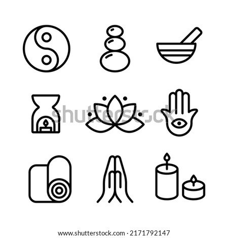Meditation icon set. Black outline symbols. Concept of zen, calm, yoga and spirituality. Vector illustration, flat design Royalty-Free Stock Photo #2171792147