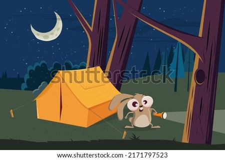 funny camping cartoon rabbit with flashlight
