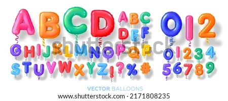 English letters and numbers Balloons. Alphabet helium balloons 3d. Multi-colored plastic, glossy. For children's themes and holidays. Realistic set. Vector illustration.