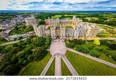 Aerial view of Windsor castle, a royal residence at Windsor in the English county of Berkshire Royalty-Free Stock Photo #2171814633