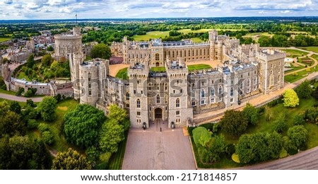 Aerial view of Windsor castle ready for the Coronation concert in 2023; a royal residence at Windsor in the English county of Berkshire Royalty-Free Stock Photo #2171814857