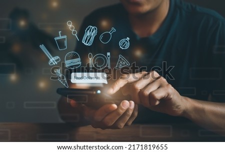 People use mobile phones to place online restaurant orders, delivery, technology, internet, food burger icons, pizza, coffee, chicken, sushi, vegetables, noodles, service meal food menu online at home