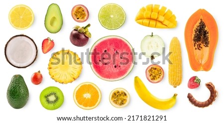 Flat lay Mixed of different fruits isolated on white background. Banner for design. Royalty-Free Stock Photo #2171821291