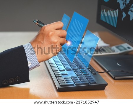 Electronic signature. A businessman uses a pen to sign electronic documents on digital documents on a virtual screen. Technology, document management, and paperless office concept. Mockup signature