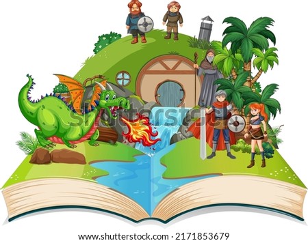 Medieval magic land scene on open book illustration