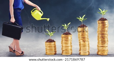 Close up of businesswoman hand watering plants on the stack of coin