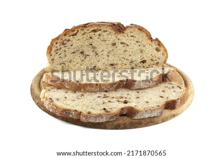 Sliced sprouted grain bread isolated on a white background. Bread slices in a low angle view. Front view