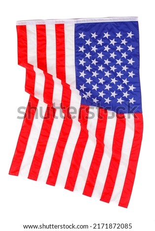 Closeup studio isolated top view shot pride patriotism blue and red striped star American nation USA United States of America country national fabric clothing unity rippled flag on white background.