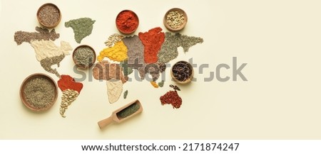 World map made of spices on light background with space for text