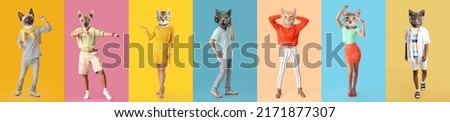 Set of funny cats with human bodies on colorful background Royalty-Free Stock Photo #2171877307