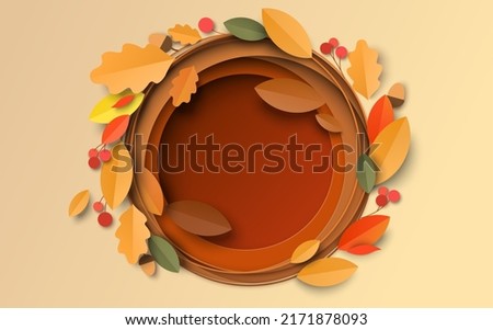 Autumn background with paper cut maple, oak leaves and berry vector. Layered effect, carving art. Design illustration for business presentation, poster, flyer, print Royalty-Free Stock Photo #2171878093