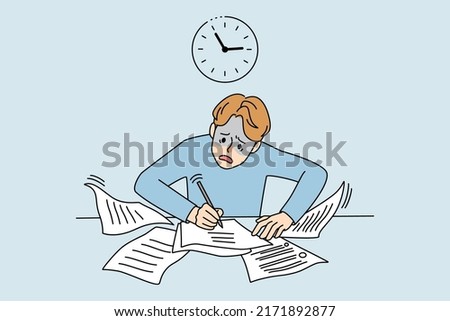 Anxious man handwriting preparing for exam. Worried man writing papers distressed about deadline miss. Time management and organization. Vector illustration.  Royalty-Free Stock Photo #2171892877