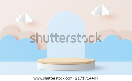 Paper art and digital craft style of wood cylinder podium with clouds for products display presentation, mock up, show cosmetic. Vector illustration